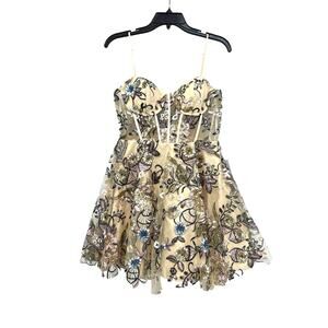 B Darlin Gold Floral Embroidered Mini Dress